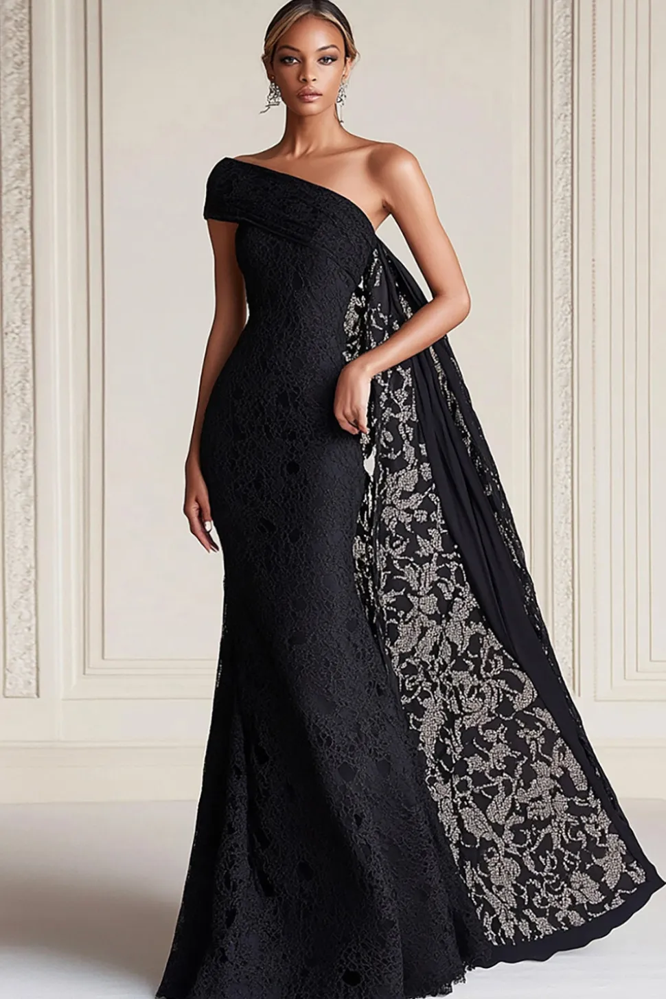 Uma bainha de ombro preto mãe do vestido de noiva com cabo de renda