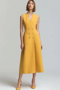 Uma linha amarela V pescoço midi vestido de trabalho