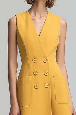 Uma linha amarela V pescoço midi vestido de trabalho