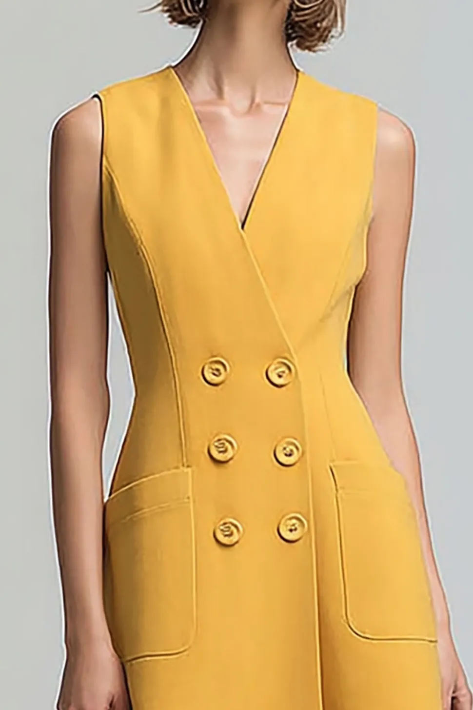 Uma linha amarela V pescoço midi vestido de trabalho