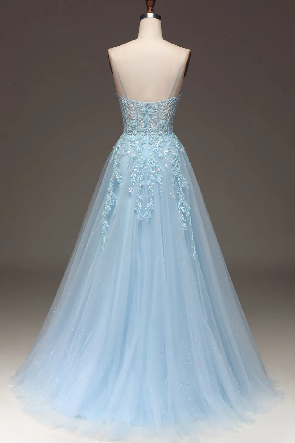 Uma linha azul claro lantejoulas espaguete alças vestido de baile com apliques