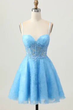 Uma linha azul espartilho curto homecoming vestido com apliques