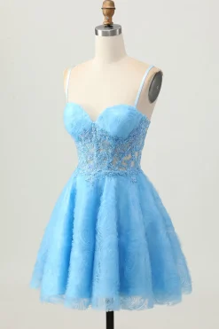 Uma linha azul espartilho curto homecoming vestido com apliques