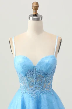 Uma linha azul espartilho curto homecoming vestido com apliques