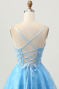 Uma linha azul espartilho curto homecoming vestido com apliques