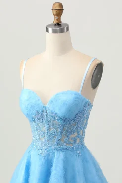 Uma linha azul espartilho curto homecoming vestido com apliques