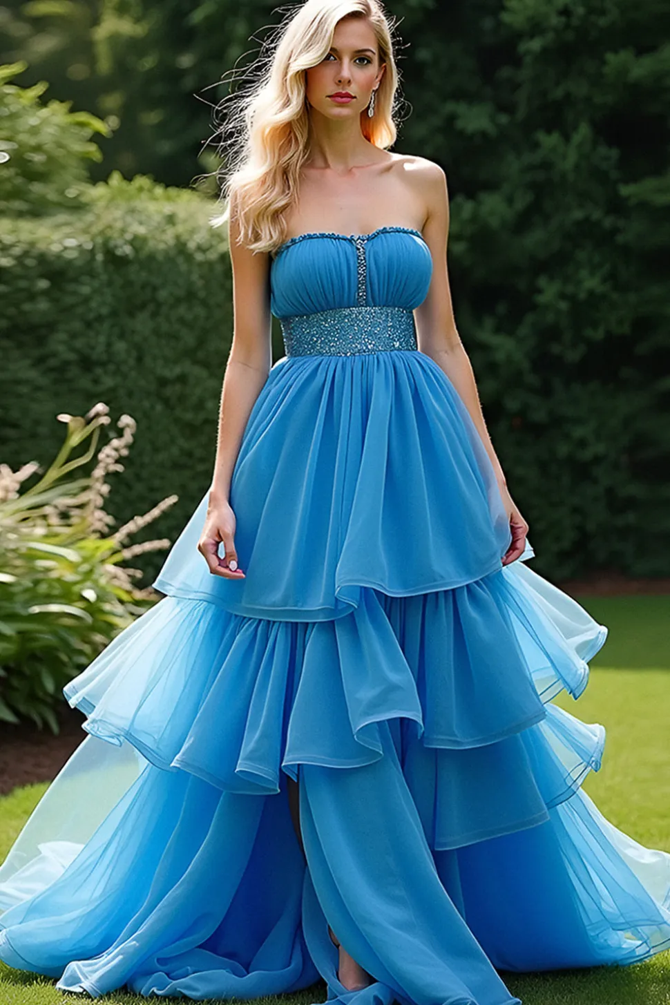 Uma linha azul sem alças babados vestido de baile de formatura