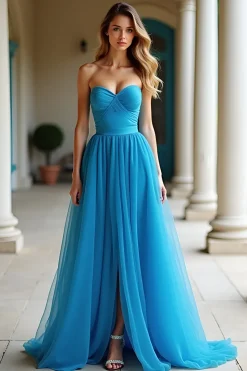 Uma linha azul sem alças plissado longo vestido de baile com fenda
