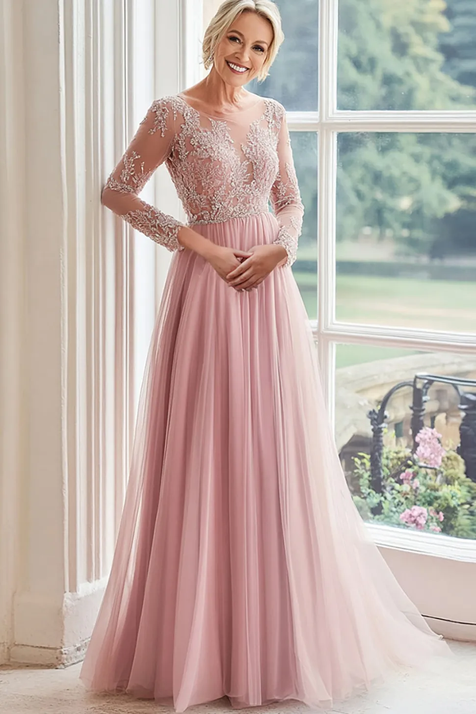 Uma linha Blush Boat Neck Mangas Longas Tulle Long Mother Of The Bride Dress