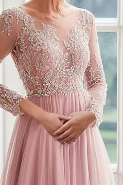 Uma linha Blush Boat Neck Mangas Longas Tulle Long Mother Of The Bride Dress