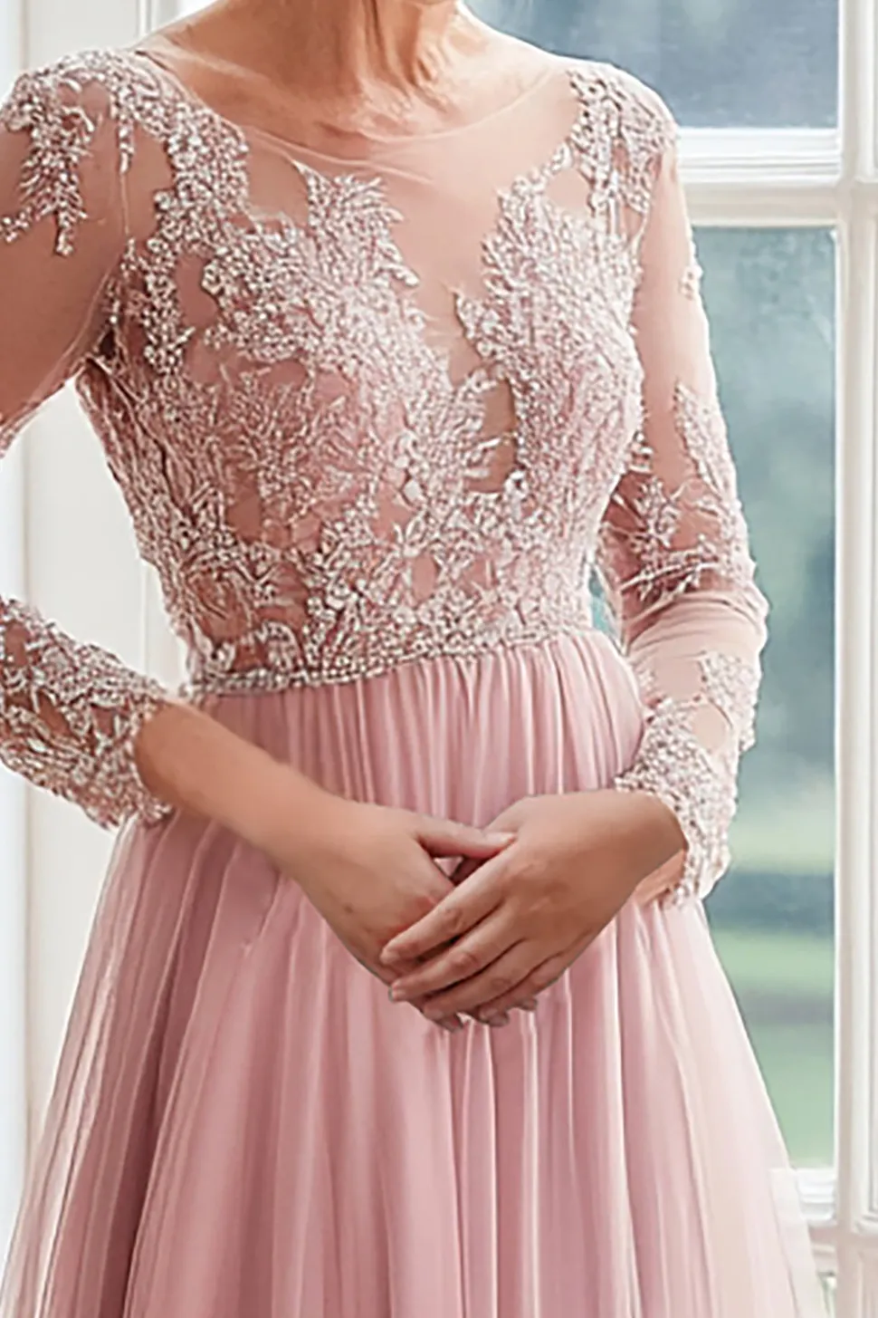 Uma linha Blush Boat Neck Mangas Longas Tulle Long Mother Of The Bride Dress