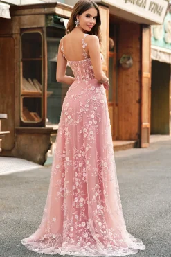 Uma linha Blush Espaghetti Correias Sequin Corset Prom Dress Com Fenda