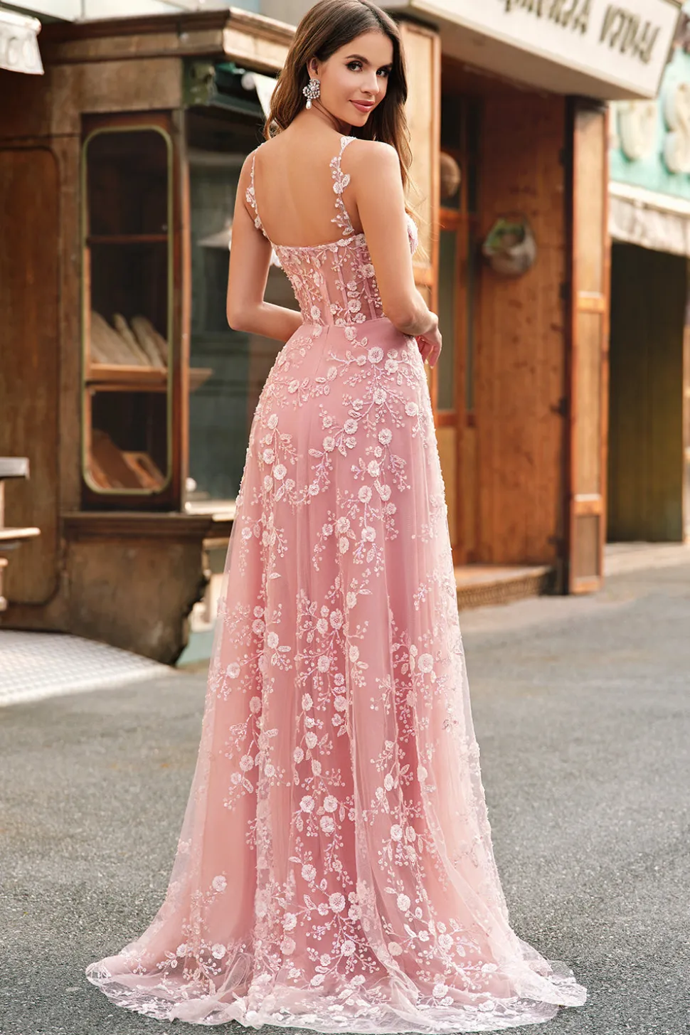 Uma linha Blush Espaghetti Correias Sequin Corset Prom Dress Com Fenda