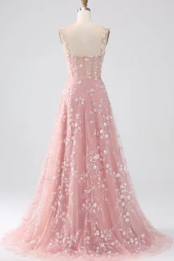Uma linha Blush Espaghetti Correias Sequin Corset Prom Dress Com Fenda