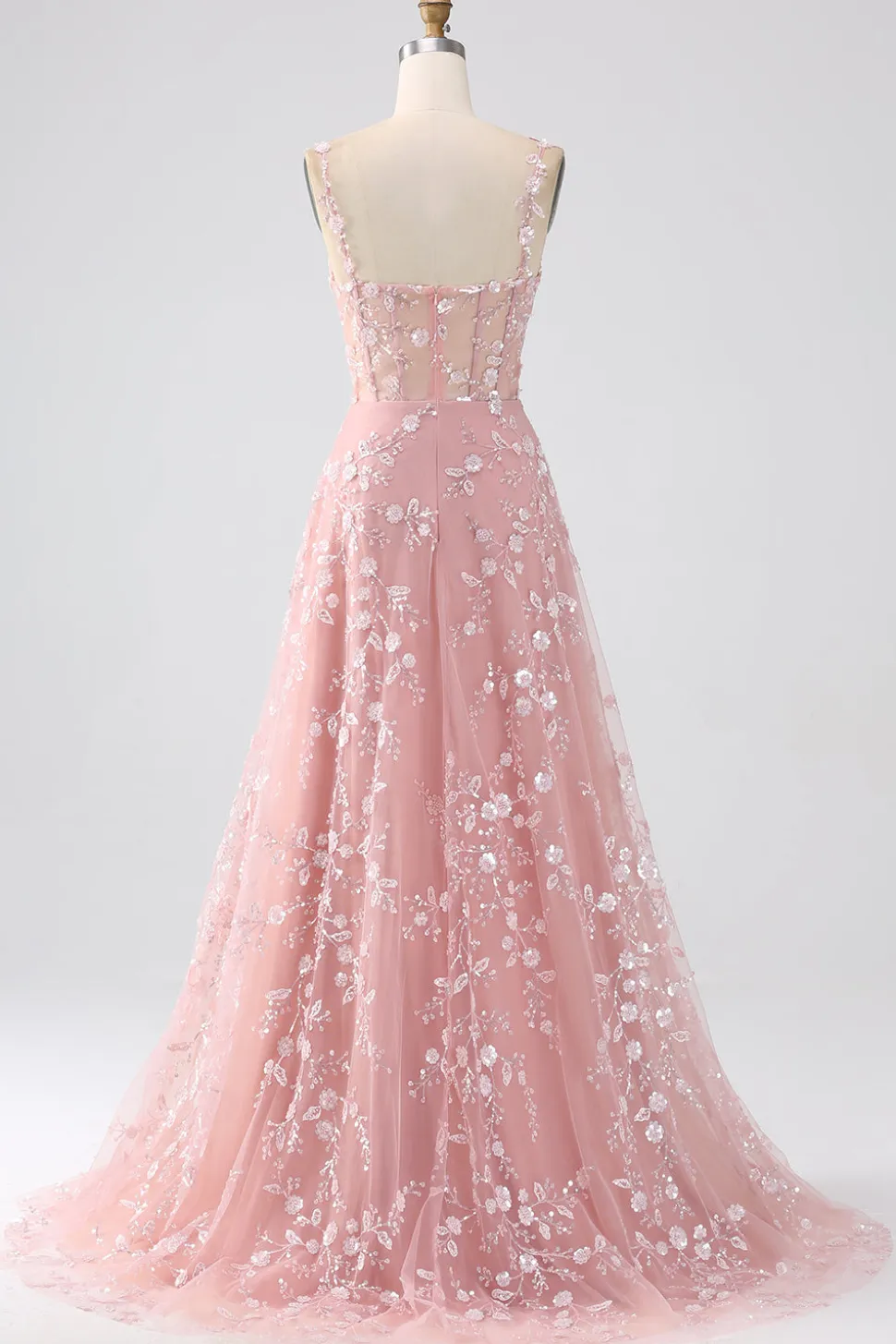 Uma linha Blush Espaghetti Correias Sequin Corset Prom Dress Com Fenda
