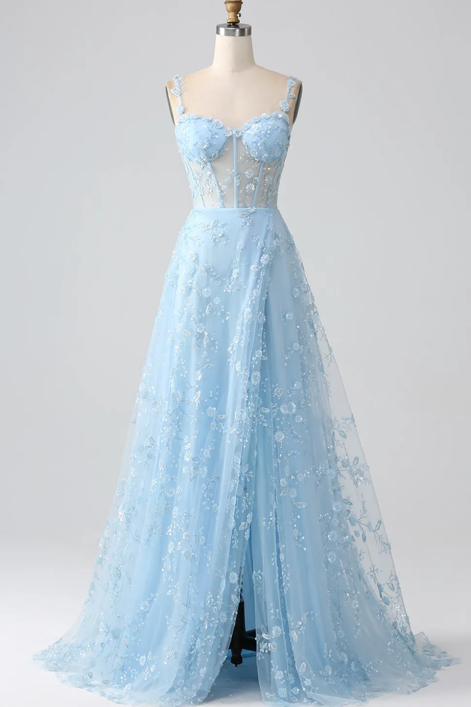 Uma linha Blush Espaghetti Correias Sequin Corset Prom Dress Com Fenda