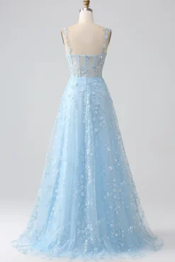 Uma linha Blush Espaghetti Correias Sequin Corset Prom Dress Com Fenda