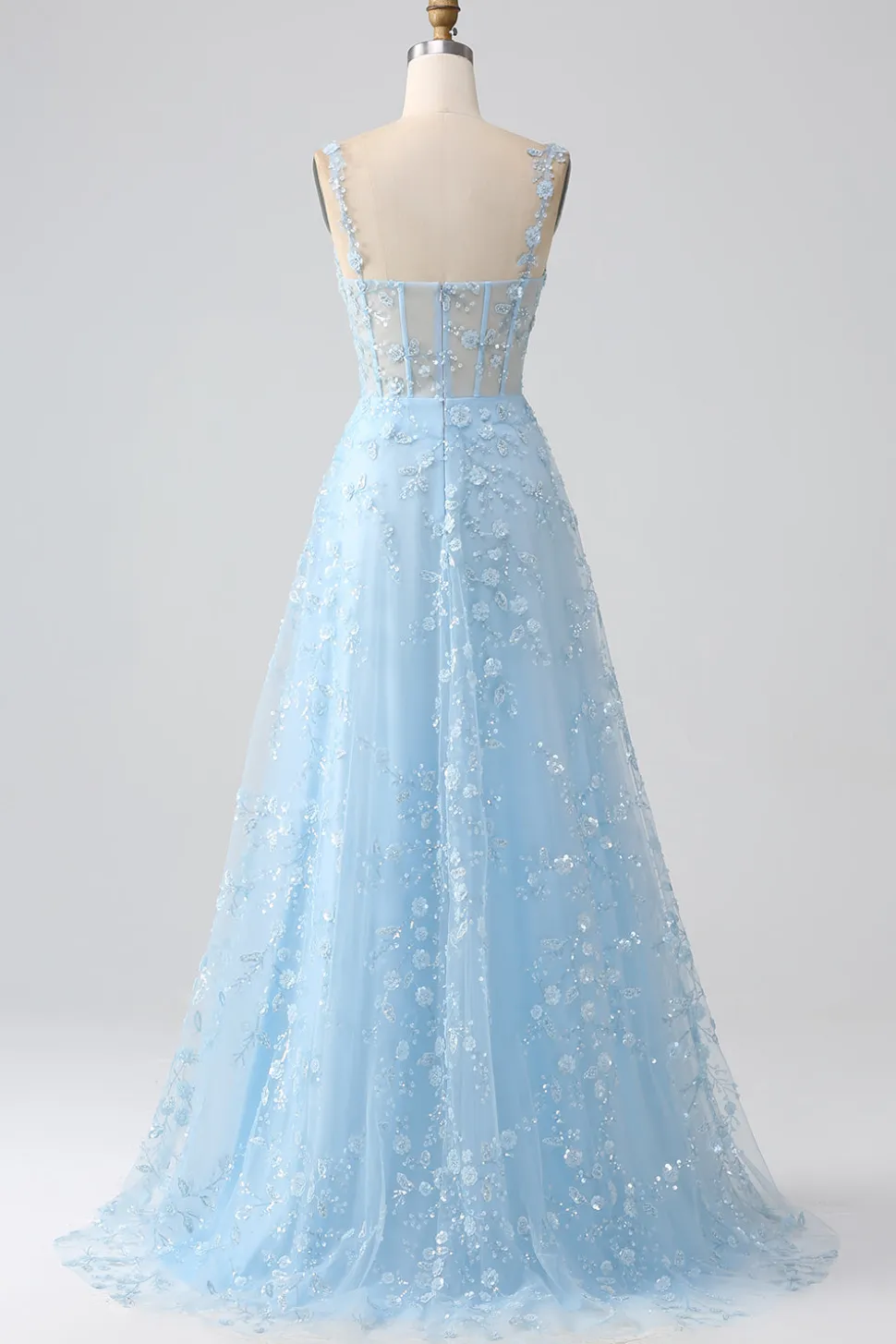 Uma linha Blush Espaghetti Correias Sequin Corset Prom Dress Com Fenda