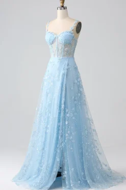 Uma linha Blush Espaghetti Correias Sequin Corset Prom Dress Com Fenda