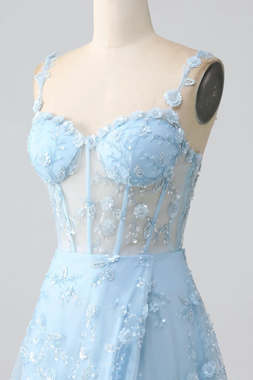 Uma linha Blush Espaghetti Correias Sequin Corset Prom Dress Com Fenda