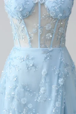 Uma linha Blush Espaghetti Correias Sequin Corset Prom Dress Com Fenda