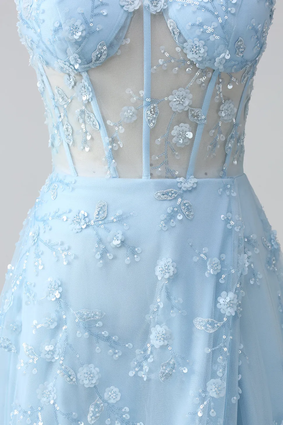 Uma linha Blush Espaghetti Correias Sequin Corset Prom Dress Com Fenda