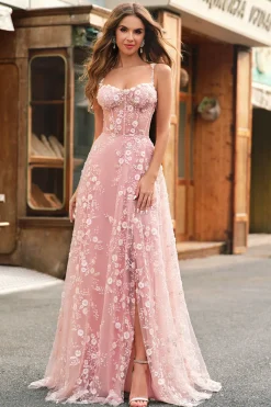 Uma linha Blush Espaghetti Correias Sequin Corset Prom Dress Com Fenda