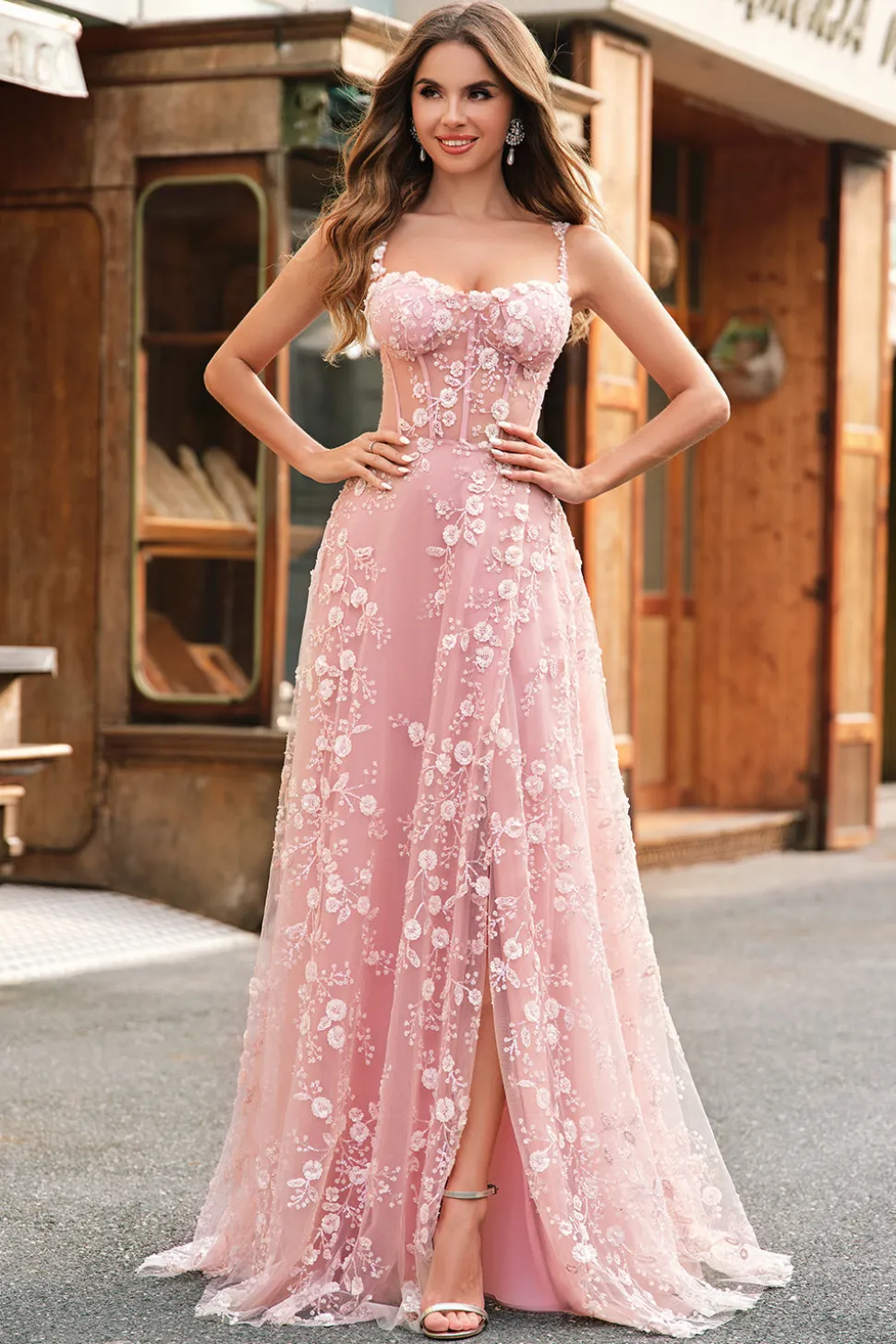 Uma linha Blush Espaghetti Correias Sequin Corset Prom Dress Com Fenda