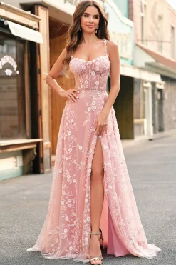 Uma linha Blush Espaghetti Correias Sequin Corset Prom Dress Com Fenda