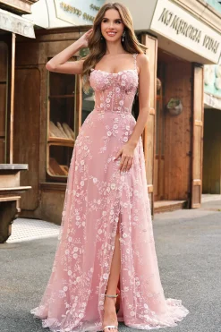 Uma linha Blush Espaghetti Correias Sequin Corset Prom Dress Com Fenda