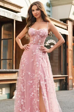 Uma linha Blush Espaghetti Correias Sequin Corset Prom Dress Com Fenda