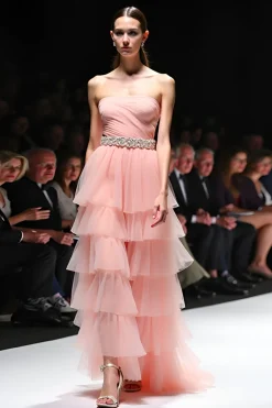 Uma linha Blush Rufled Strapless Long Gala Dress