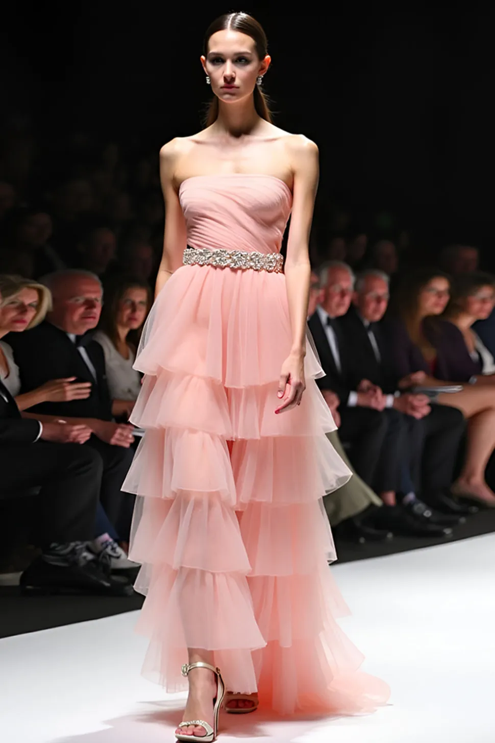 Uma linha Blush Rufled Strapless Long Gala Dress