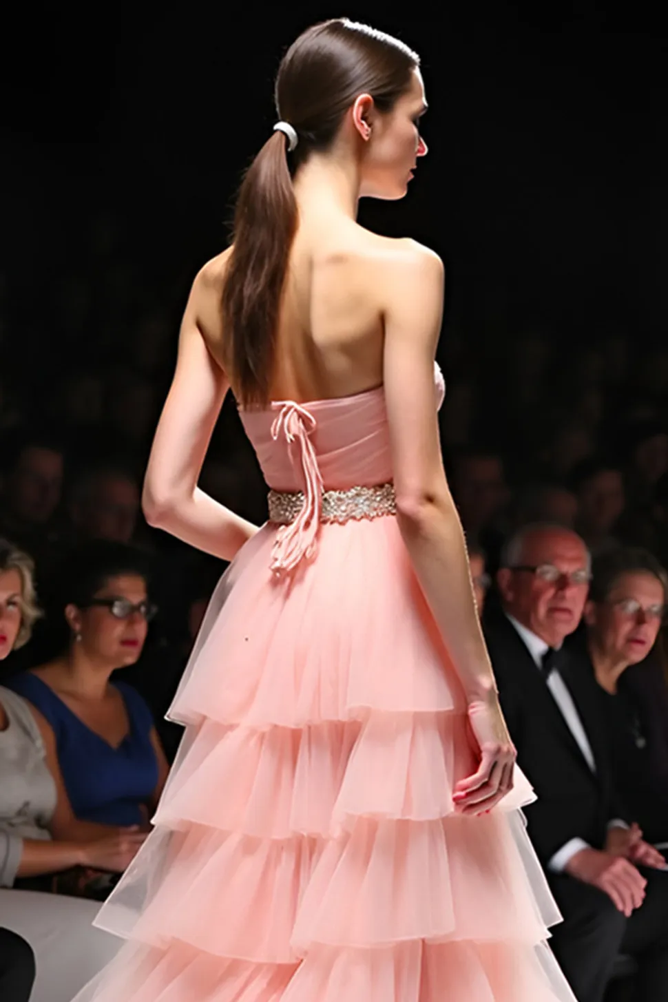 Uma linha Blush Rufled Strapless Long Gala Dress