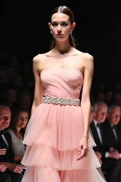 Uma linha Blush Rufled Strapless Long Gala Dress