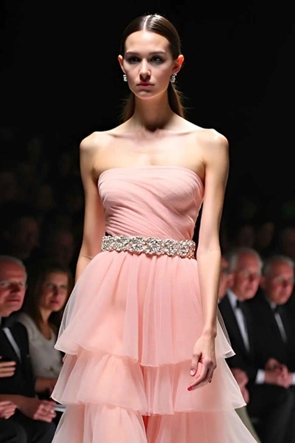 Uma linha Blush Rufled Strapless Long Gala Dress