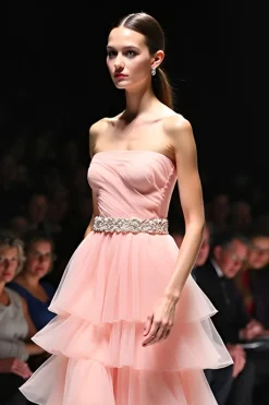 Uma linha Blush Rufled Strapless Long Gala Dress
