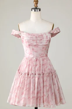 Uma linha bonito blush estampado vestido curto Homecoming com babados
