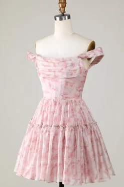 Uma linha bonito blush estampado vestido curto Homecoming com babados
