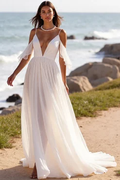 Uma linha branca ombro frio Chiffon Beach vestido de noiva