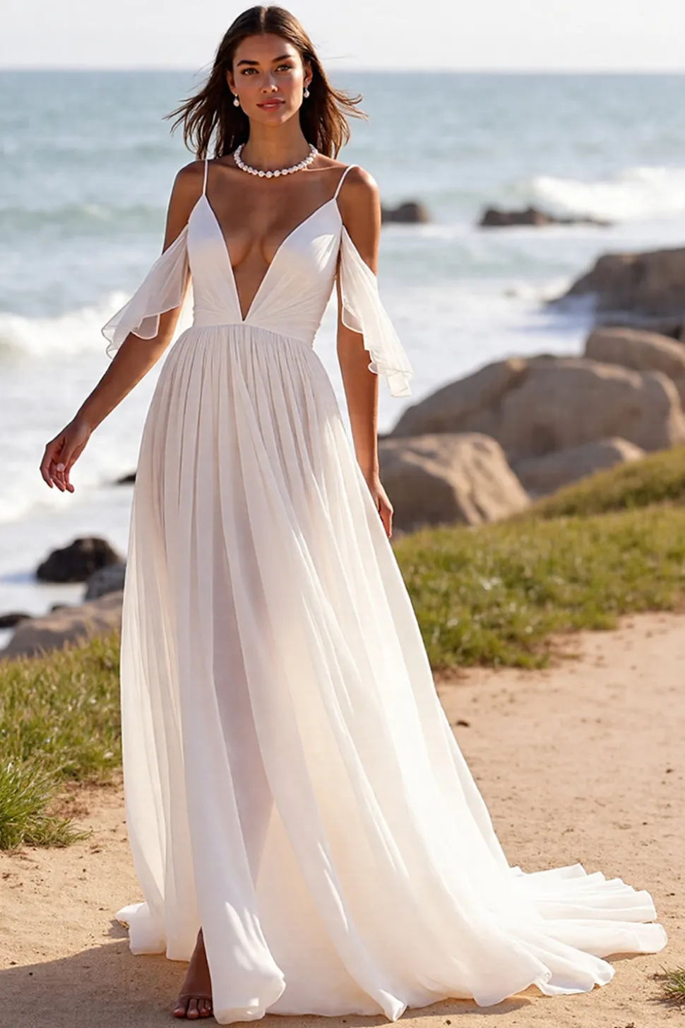 Uma linha branca ombro frio Chiffon Beach vestido de noiva