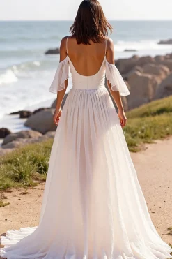 Uma linha branca ombro frio Chiffon Beach vestido de noiva