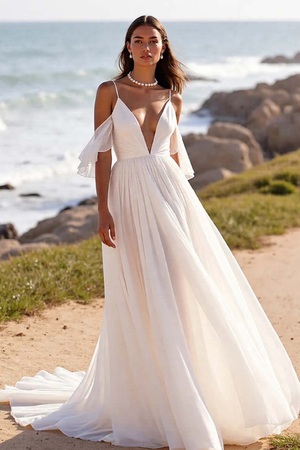 Uma linha branca ombro frio Chiffon Beach vestido de noiva