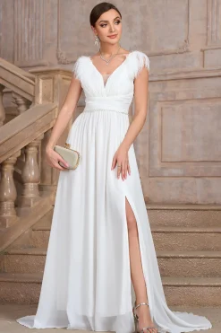 Uma linha branca V pescoço longo vestido de festa com fenda
