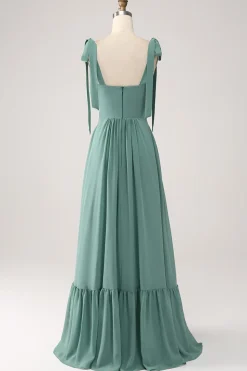 Uma linha Chiffon verde vestido longo dama de honra com plissado