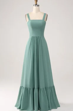 Uma linha Chiffon verde vestido longo dama de honra com plissado