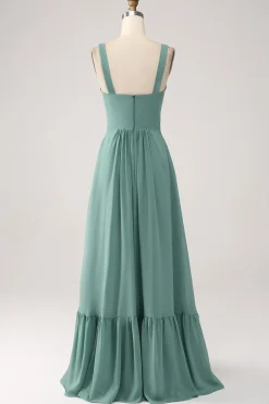 Uma linha Chiffon verde vestido longo dama de honra com plissado