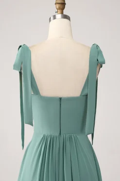Uma linha Chiffon verde vestido longo dama de honra com plissado