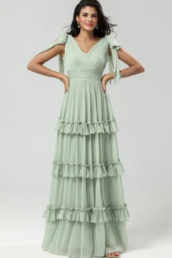 Uma linha Chiffon vestido verde dama de honra com pregado
