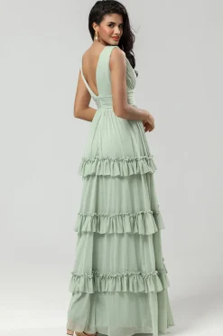 Uma linha Chiffon vestido verde dama de honra com pregado